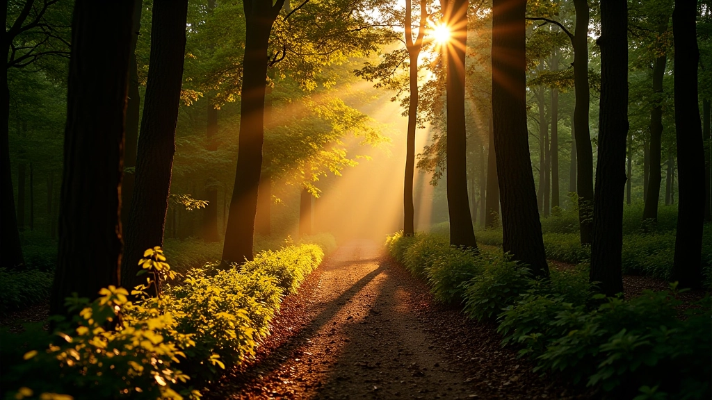 Zonnig bospad met oude eiken bomen en groene vegetatie aan beide zijden, smal voetpad, herfstkleuren