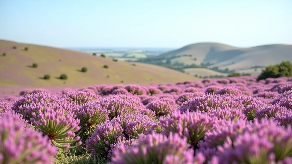 Heide landschap in bloei met paarse bloemen, horizon met verre heuvels, open veld met hier en daar struiken