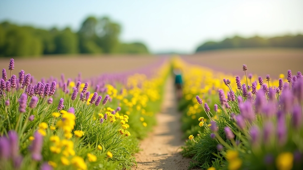 Open heidegebied met paarse en gele bloemen in volle bloei, wandelpad snijdt door het landschap, zomer atmosfeer