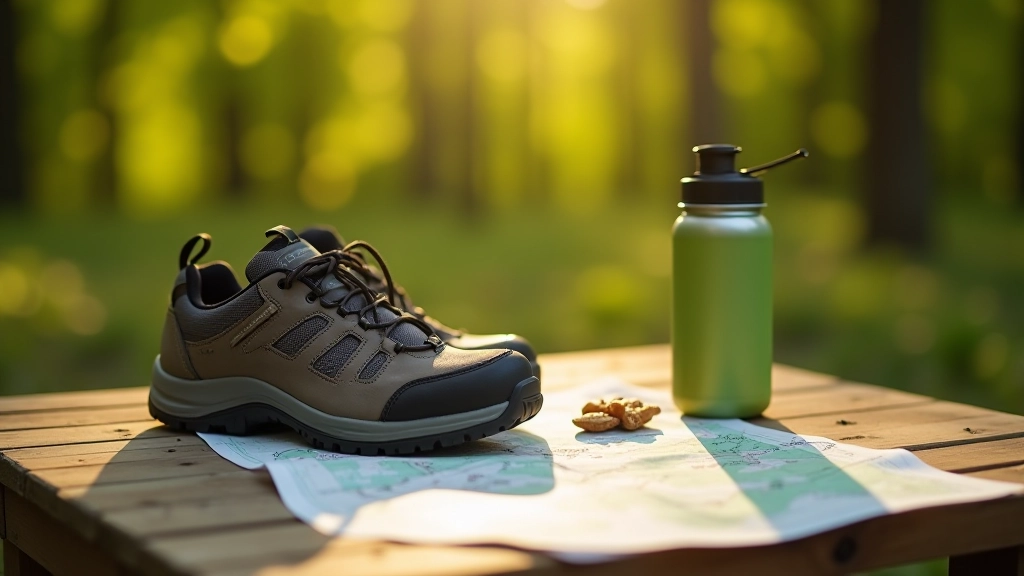 Wandelschoenen en waterfles op rustieke houten tafel met wandelkaart, natuurlijk licht