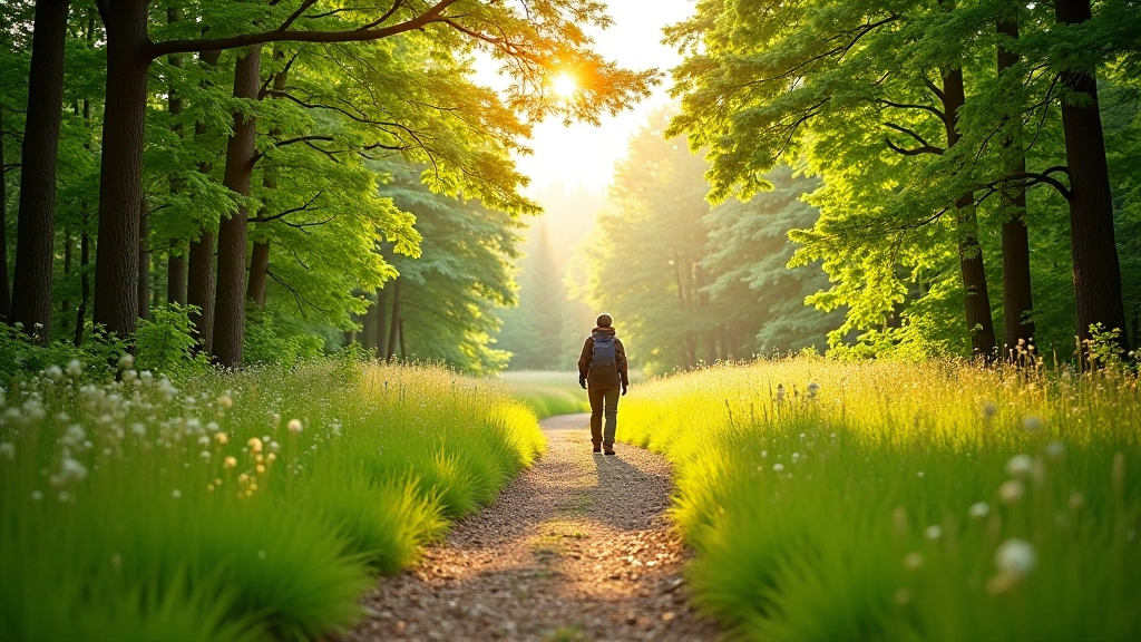 Brede wandelpad met afwisseling tussen bosgedeeltes en open velden, verlichte wandelroute, verschillende terreintypes zichtbaar