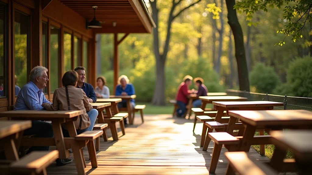 Gezellig buitenpaviljoen met terras, zittende gasten, bosachtergrond, warme middagzonlicht
