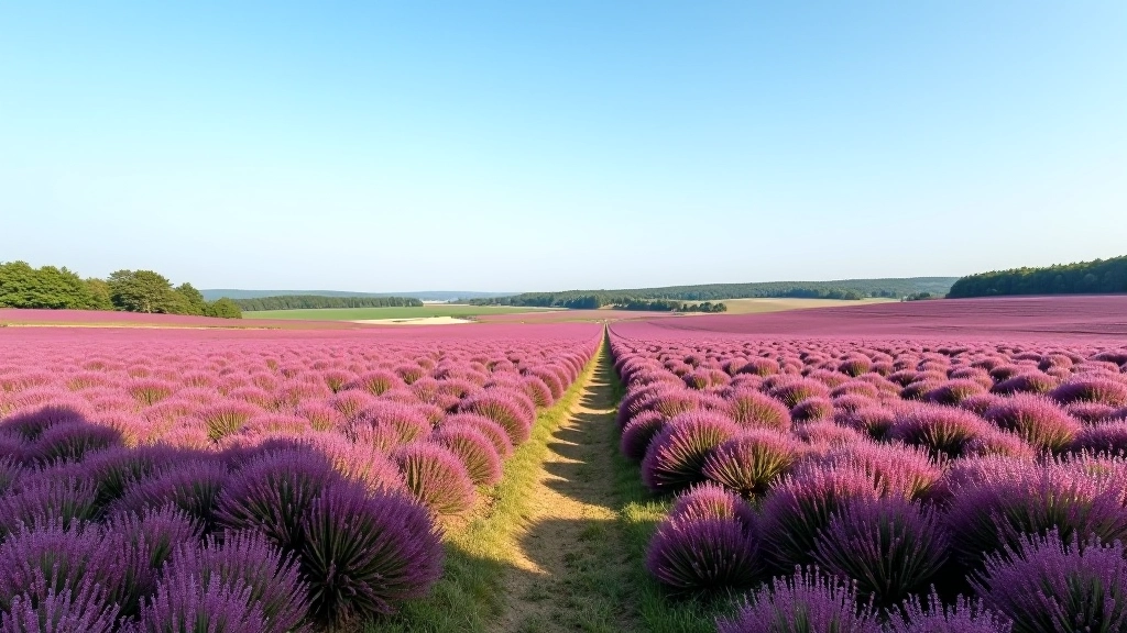 Uitzicht over uitgestrekte heidevelden met paarse bloemen, zonnig weer, hemel en horizon