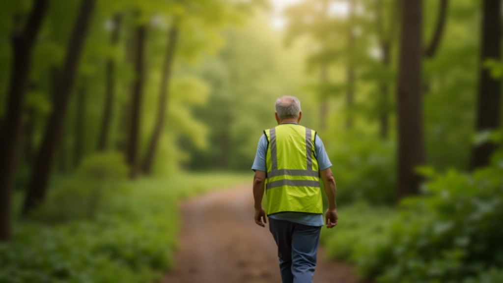 Wandelaar in felgele reflecterende vest op bospad, veiligheid concept