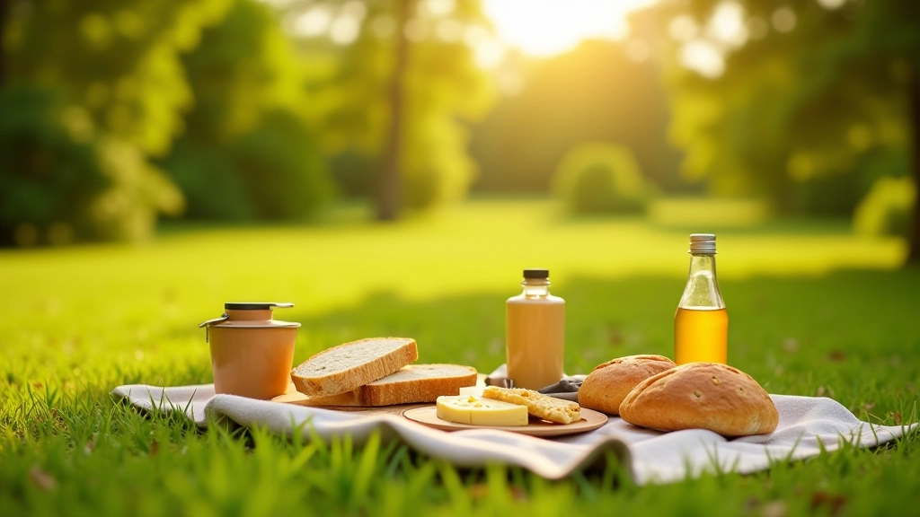Picknicktas met brood, kaas en drinken op gras, landelijk uitzicht op achtergrond