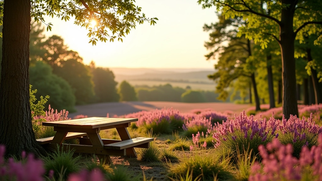 Picnickbank aan bosrand met panoramisch uitzicht op heidevelden in volle bloei