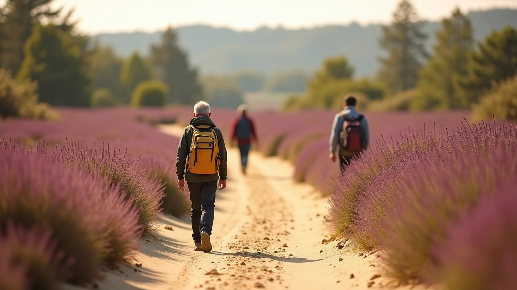 Wandelaar op zandpad omgeven door paarse heide, verder weg andere wandelaars, natuurlijk licht, horizon met bomen