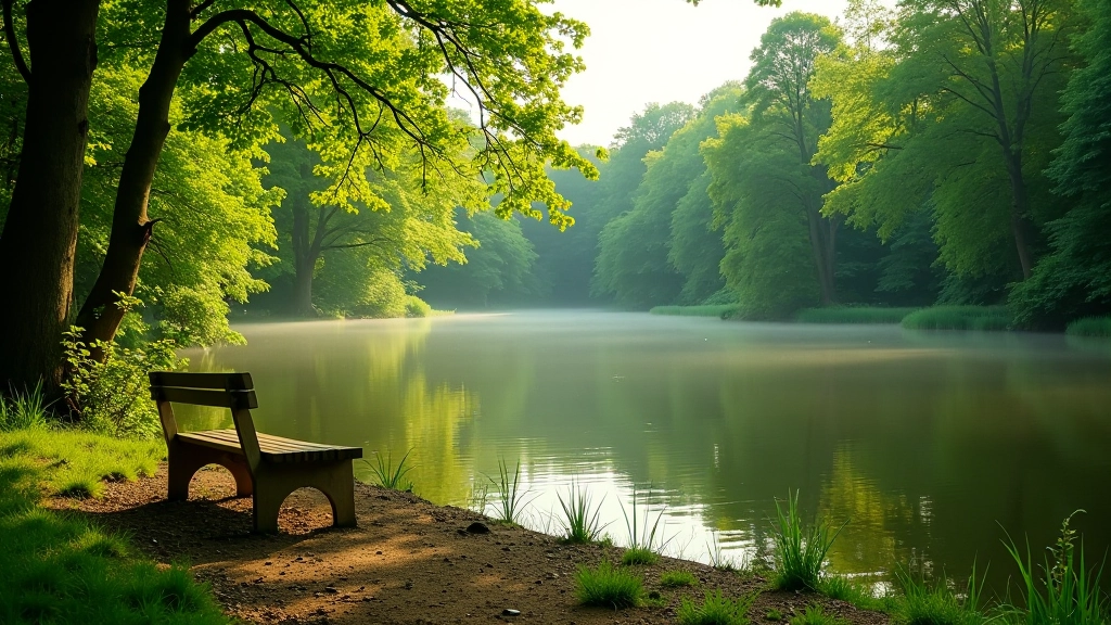 Rustig meer omgeven door groen bos, bankje op het strand, reflectie van bomen in het water, vredige atmosfeer