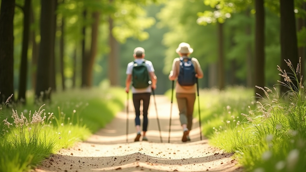 Twee wandelaars van middelbare leeftijd op zandpad in bosgebied, zonnig weer, ze dragen rugzakken en wandelstokken