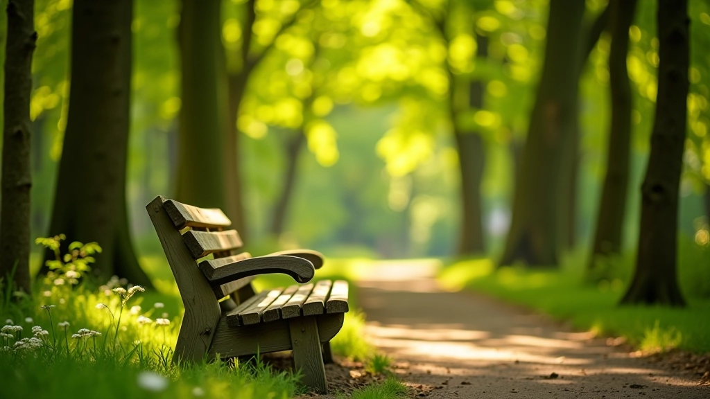 Comfortabel houten bankje onder loofbomen, natuur achtergrond, zonnig weer